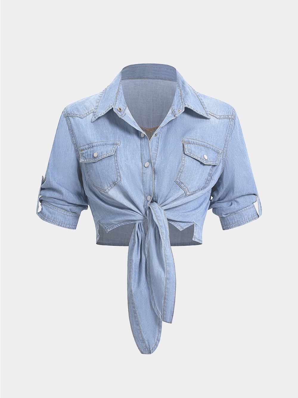 Light Blue Tie-Front Denim Crop Top